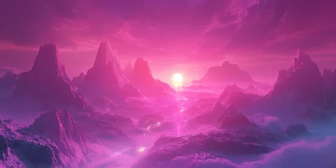 Fototapete Rund A vibrant, magenta landscape of towering mountains. © Agri