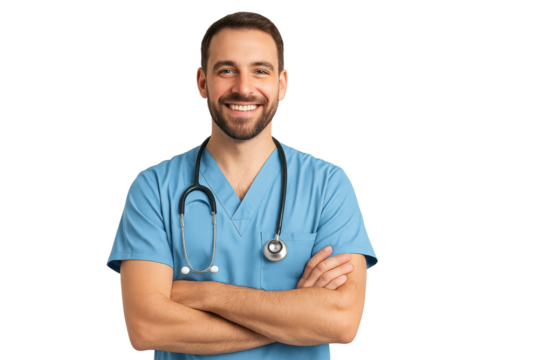 Smiling male nurse in blue scrubs with stethoscope on white background. Isolated illustration