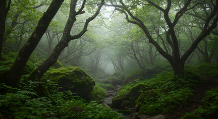 Obraz premium A chill forest scene with a narrow stream cutting through mossy rocks, surrounded by thick greenery