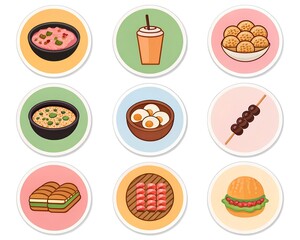 Hand-Drawn Asian Street Food Sticker Pack. Assorted Street Food Icons and Snacks