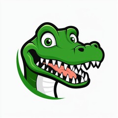 Cartoon alligator head with exaggerated features and open mouth on white background