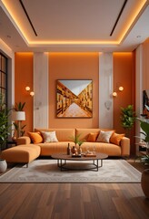 Cozy home interior with wooden floor on orange themed, 3d render. Living room interior design. 