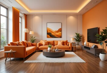 A stylish orange-themed living room interior, 3D render. 