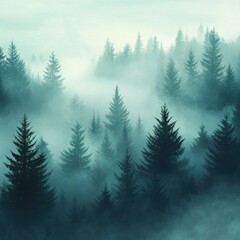 Obraz premium Misty landscape with fir forest in hipster vintage retro style