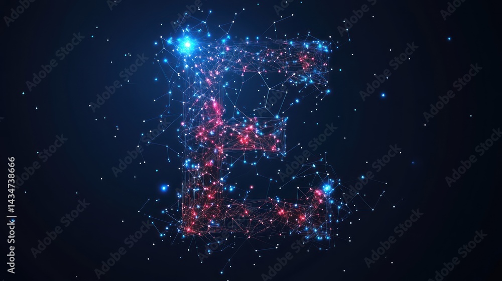 Poster digital letter e, luminous nodes and lines composing a network, tech symbol