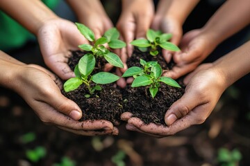 Diverse hands hold young plants, nurturing growth together.