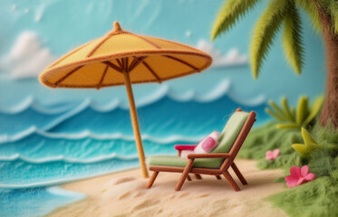 Obraz premium Tropical beach scene, featuring an umbrella, a lounge chair, and palm tree. Sun-kissed sand meets ocean waves. Hints of paradise and tranquility, peaceful getaway with vibrant colors.