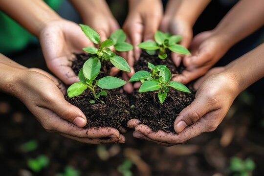 Diverse hands hold young plants, nurturing growth together.