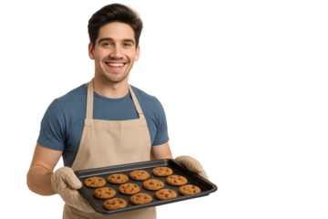 Smiling man in apron holding freshly baked tray of chocolate chip cookies with oven mitts. Isolated illustration