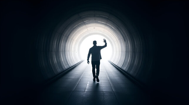 A single male in a dark tunnel exiting and walking towards a bright white light while waving goodbye or hello.