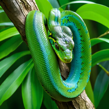 snake on tree green tree python boiga cyanea dangerous snake