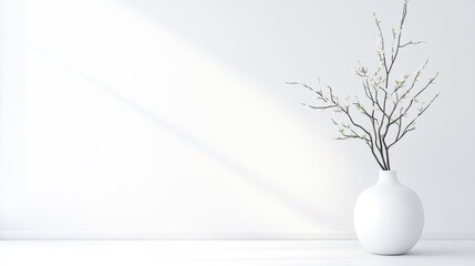 A white vase holding delicate branches with small blossoms stands against a bright white wall, illuminated by sunlight.
