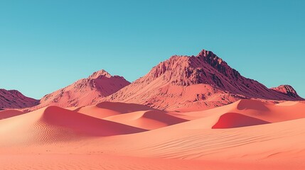 Naklejka premium Serene Minimalist Desert Landscape with Lively Pink Shades and Majestic Mountains Under Clear Blue Sky