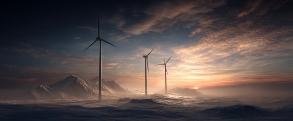 Obraz premium Wind Turbines on Snowy Mountain Landscape at Sunset