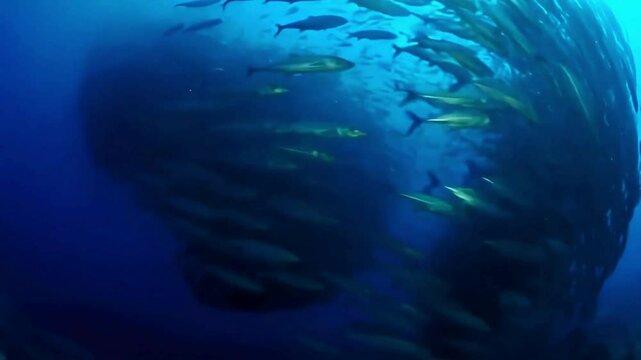 Mackerel forming a bait ball. 4KHD Aquaculture Fish flocking in a deep dark ocean water.