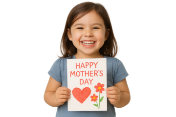 Cheerful child holding mother's day card with heart and flowers. Isolated illustration