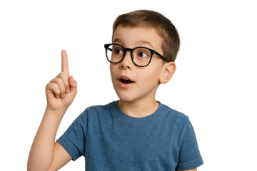 Curious child with glasses pointing up, wearing blue shirt against dark background. Isolated illustration