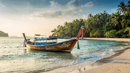 Fototapeta premium Longtail boat moored on a white sandy beach. Clear blue sea and rows of palm trees. Soft morning sunlight. Peaceful atmosphere.