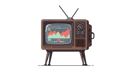 Old Tv Displaying Chart with Red Peaks on White Background
