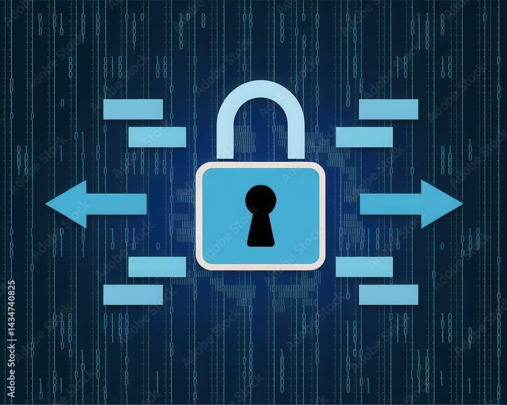 Poster secured digital data flow: padlock symbolizing protection and encrypted information
