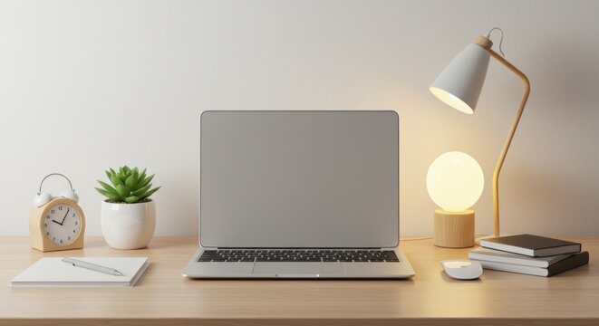 Laptop plant lamp and books on a desk against a white wall.
