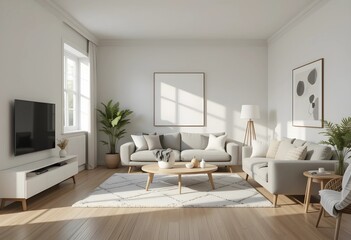 Cozy and modern atmosphere suitable for home decor, architecture, or interior design concepts. Living room interior design with Scandinavian style. 3D render. 
