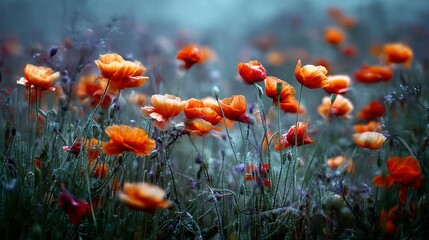 Obraz premium A field of vibrant orange and red poppies in a misty meadow.