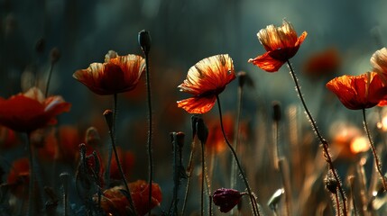 Obraz premium A field of vibrant poppies in warm sunlight.