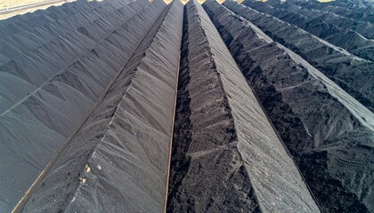 Fototapeta premium Aerial View of Coal Stockpiles Rows of Dark Coal Piles in a Mining Industry