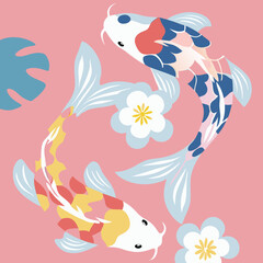 Koi fish swimming gracefully among flowers on a pink background  