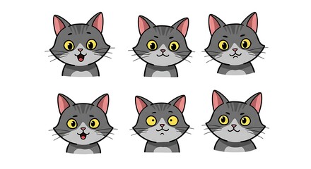 Cartoon Cat Expressing Different Emotions on White Background