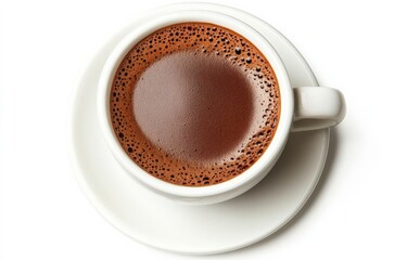 Obraz premium Overhead close up view of a cup of dark brown coffee in a white mug on a white saucer against a plain white background. The coffee has a subtle crema layer on top.