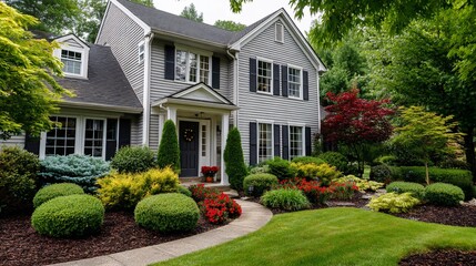 Gray house with landscaped yard