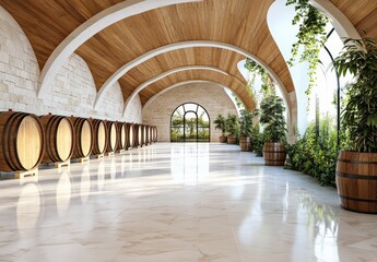Sunlit modern wine cellar with arched wooden ceilings, stone walls, polished floors, and rows of oak barrels. Lush greenery and large windows add a touch of nature. 
