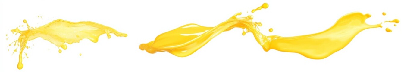 Dynamic splash of vibrant yellow liquid against a stark white background. The fluid motion is captured in detail, showcasing texture and movement. Ideal for refreshing beverage or product visuals.
