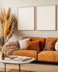 Modern Living Room with Mustard Sofa and Pampas Grass Decor