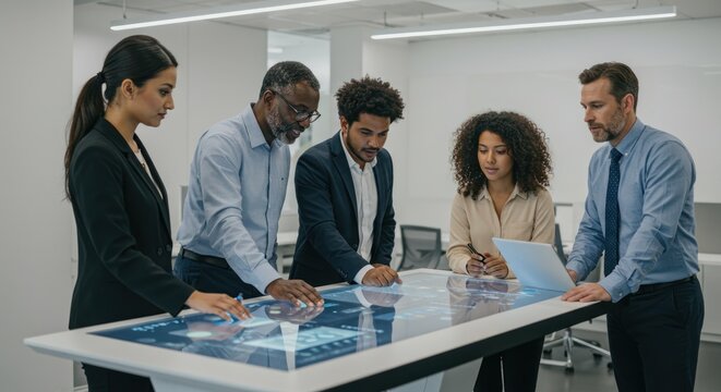 A group of diverse business people collaborate around a digital interactive table.