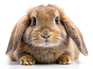 Fototapeta premium Adorable Holland Lop Bunny, Cute Brown Rabbit Macro Photography, White Background, Pet, Animal