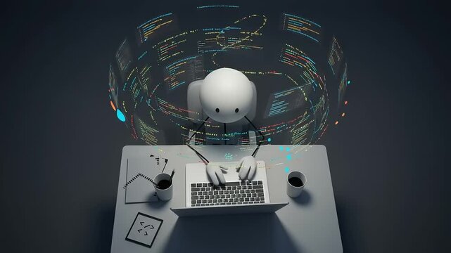 A stylized figure typing on a laptop surrounded by floating code elements in a modern workspace