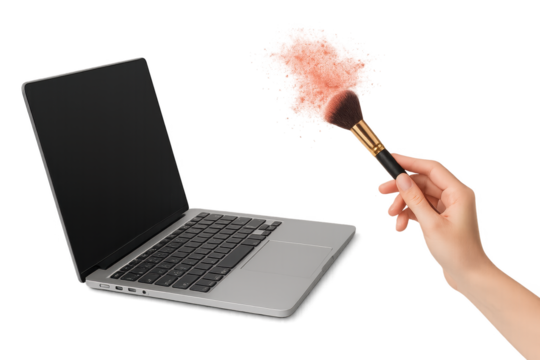 Makeup brush with powder near laptop - symbolizing digital beauty concepts. Isolated illustration