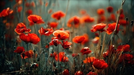 Obraz premium Vibrant red poppies bloom in a field at dusk.