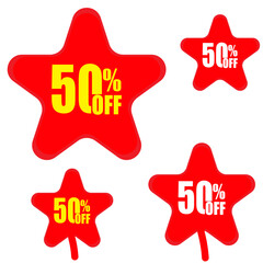 50% off on stars and lollipop shapes on a Bright red and yellow banner, bold discount icon, and comic bubble style. This is perfect for your retail business advertising