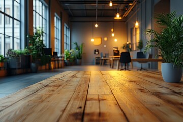 Fototapeta premium Perspective view of a wooden table and an open office space