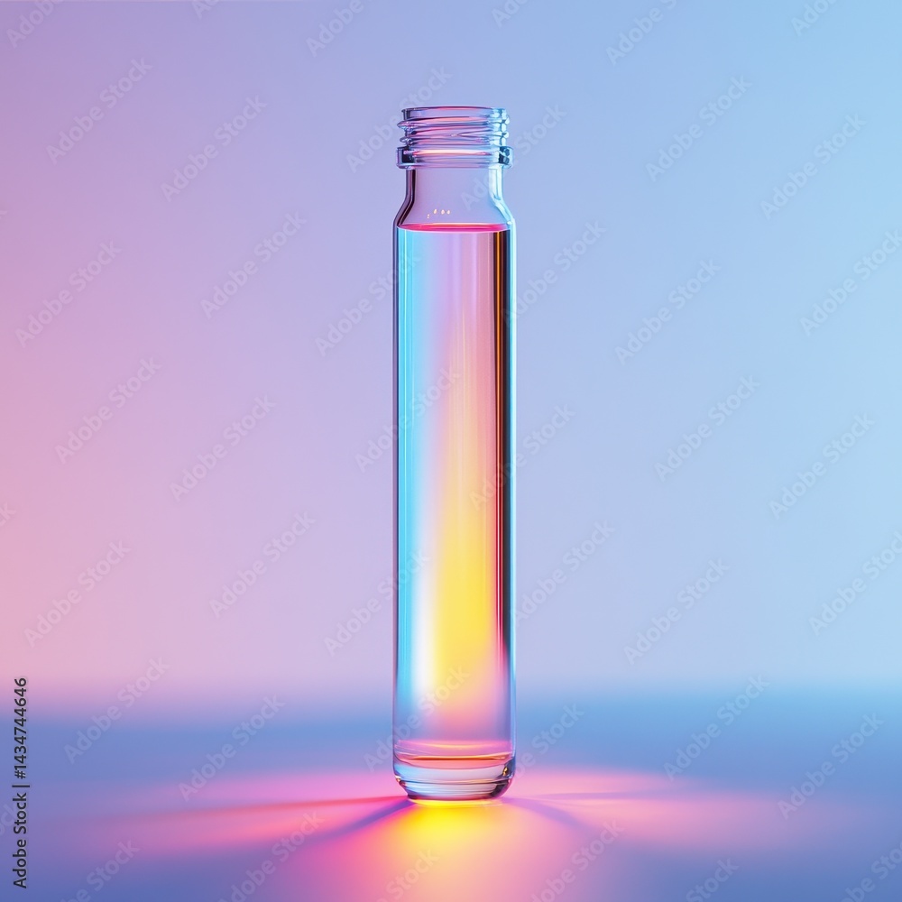 Poster clear glass vial with water and gradient lighting in a studio shot displaying sharp focus and high d