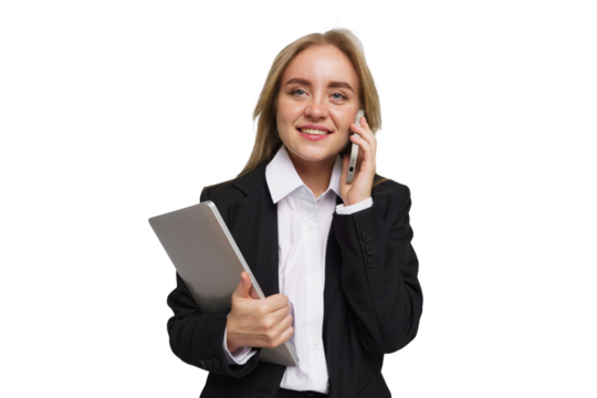 Professional woman engages in a business call with a tablet in hand, radiating confidence and optimism