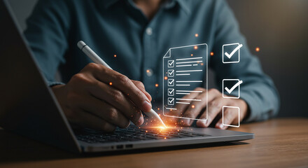 A person using a stylus on a laptop with a digital checklist overlayed on the screen and keyboard area