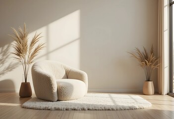 A cozy and modern relaxed space interior design featuring beige sheepskin club armchair. Scandinavian inspired design. 3D render. 