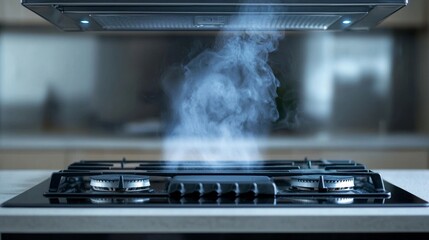 Realistic Photography of Kitchen Range Hood with Smoke Rising from Cooking Surface in Modern Home Environment