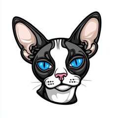 Obraz premium Cartoon illustration of a black and white cat with striking blue eyes
