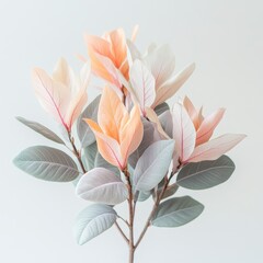 Decorative Floral Branch with Peach and Ivory Leaves on White Background with Muted Green Stems Elegant Artificial Plant for Interior Decoration